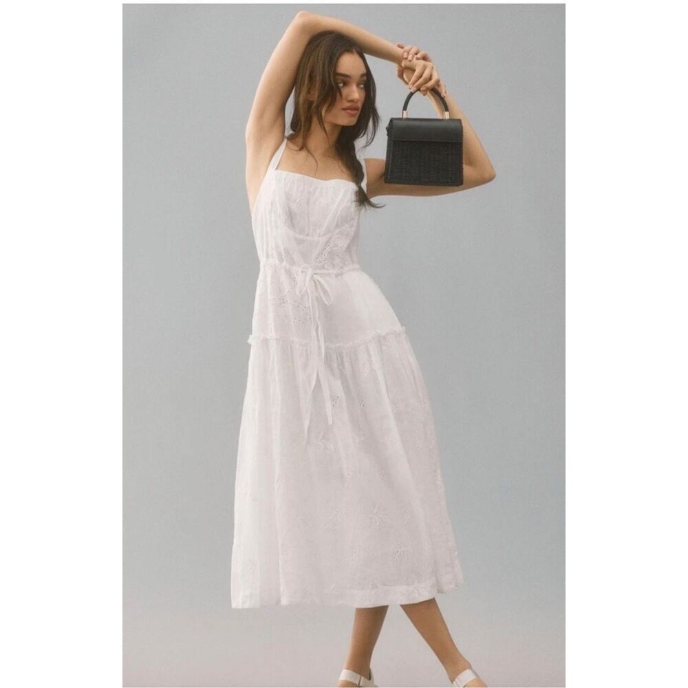 Anthropologie Flax Linen Ilet Embroidered Maxi Boho Square Neck White Dress M - Picture 11 of 16